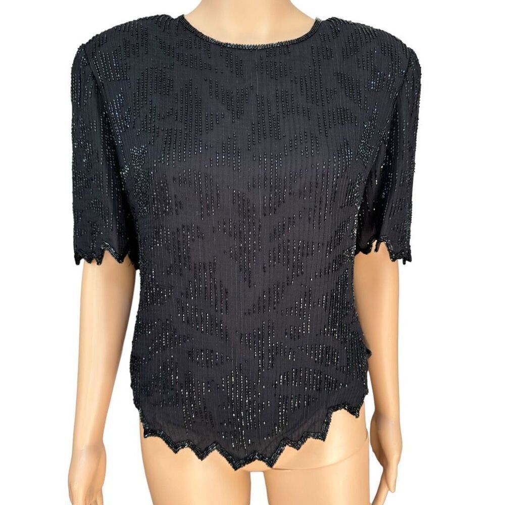 Laurence Kazar vintage 100% silk beaded blouse size PXL